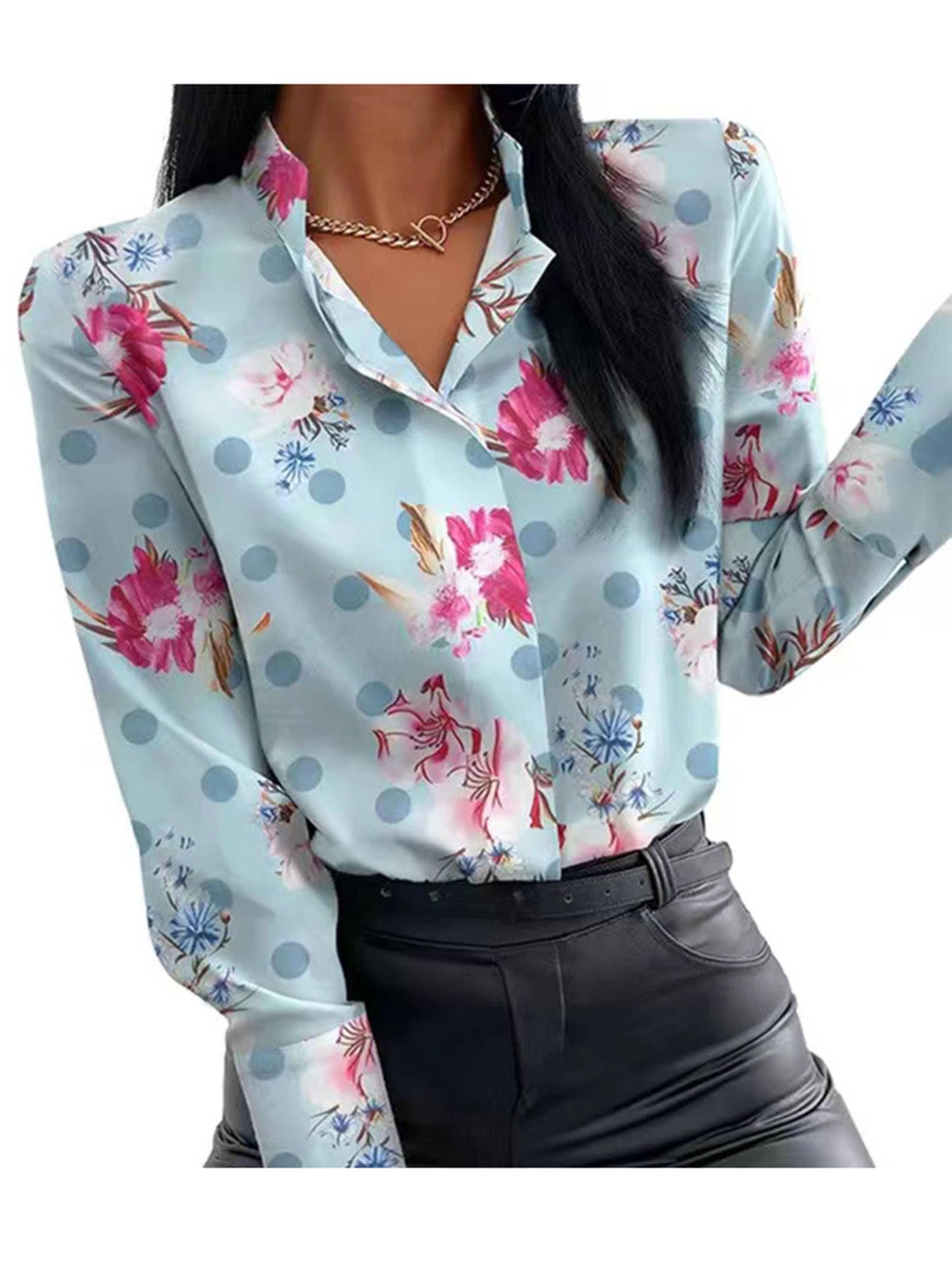 Navy floral printed long sleeve casual T-shirt with lapel collar and button detail, by wholesalesir.