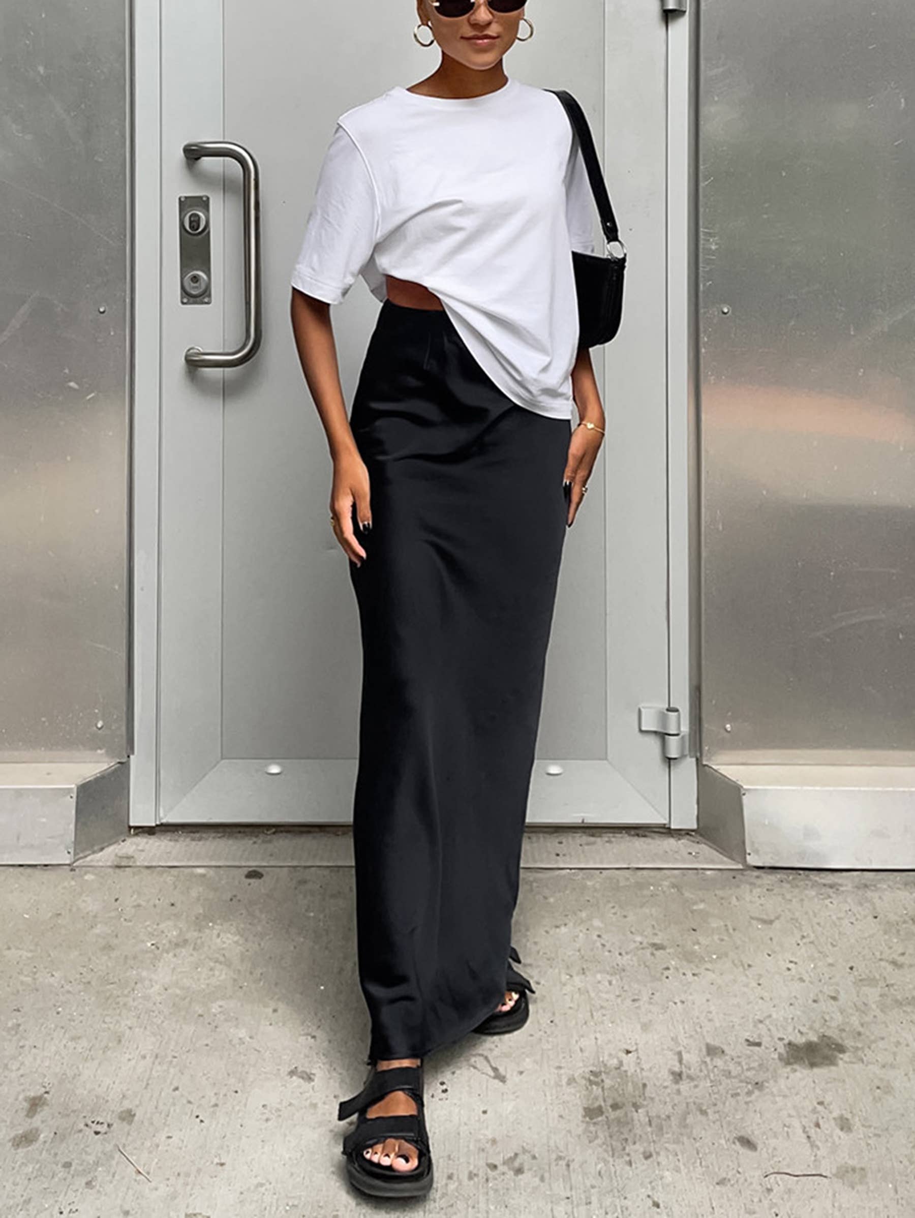 Black satin maxi skirt for women with fishtail design, suitable for commuting, from wholesalesir.