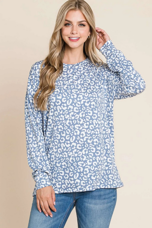 Bombom TL-1450-LE Long Sleeve Animal Print Top Blue