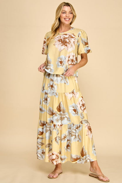 Yellow floral tiered maxi skirt