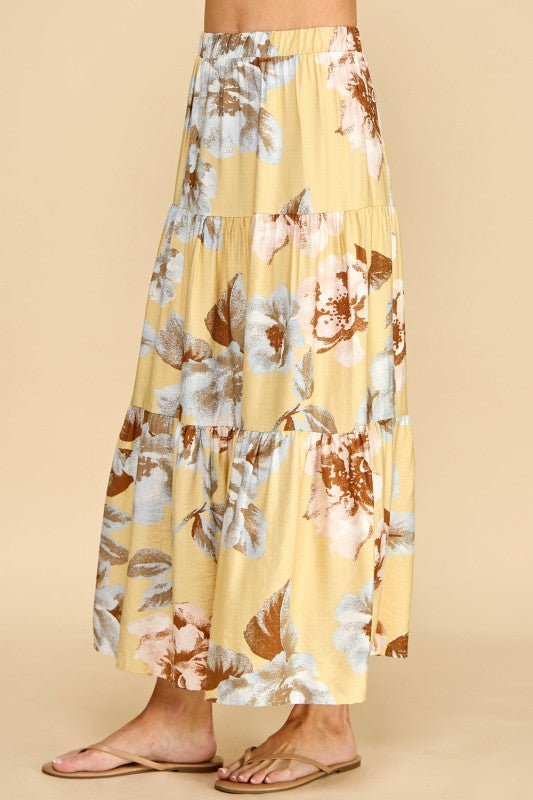 Yellow floral tiered maxi skirt