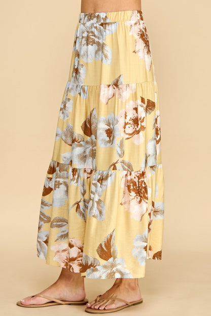 Yellow floral tiered maxi skirt