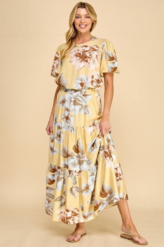 Yellow floral tiered maxi skirt