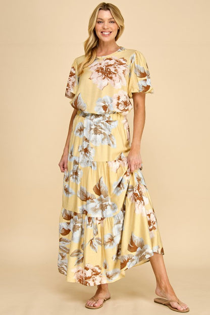 Yellow floral tiered maxi skirt
