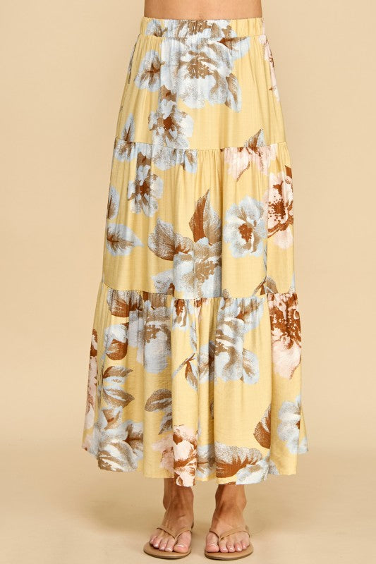 Yellow floral tiered maxi skirt