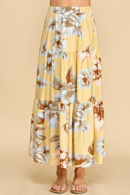 Yellow floral tiered maxi skirt