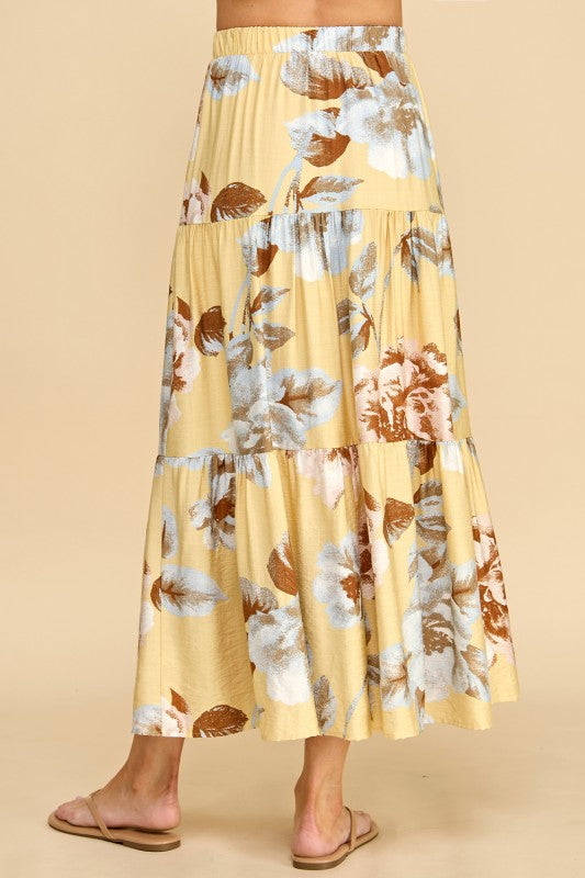 Yellow floral tiered maxi skirt
