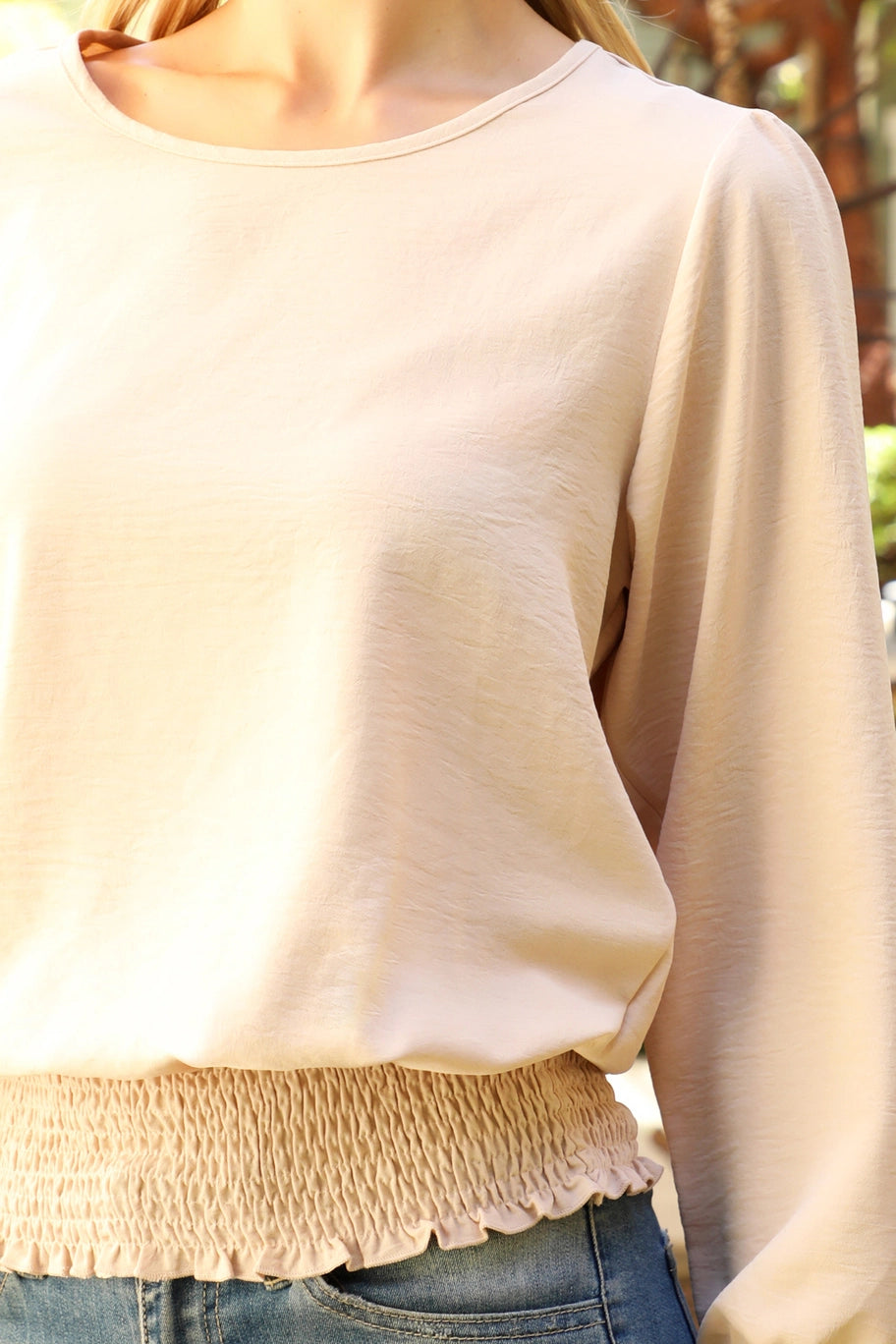 Beige You & Me smocked hem long sleeve woven dressy top, solid design, stylish and comfortable for dressy occasions.