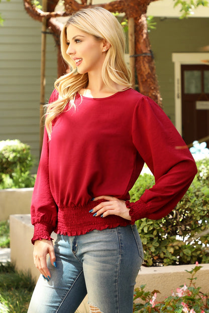 Beige You & Me smocked hem long sleeve woven top with a dressy style and solid design, featuring a comfortable fit and stylish details.