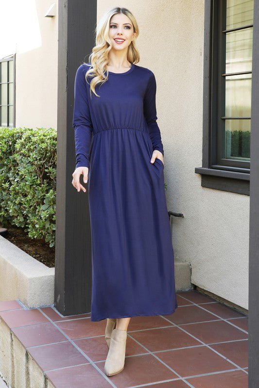 You & Me solid dusty mauve maxi dress with long sleeves and elastic waist, designed for a comfortable and stylish fit.
