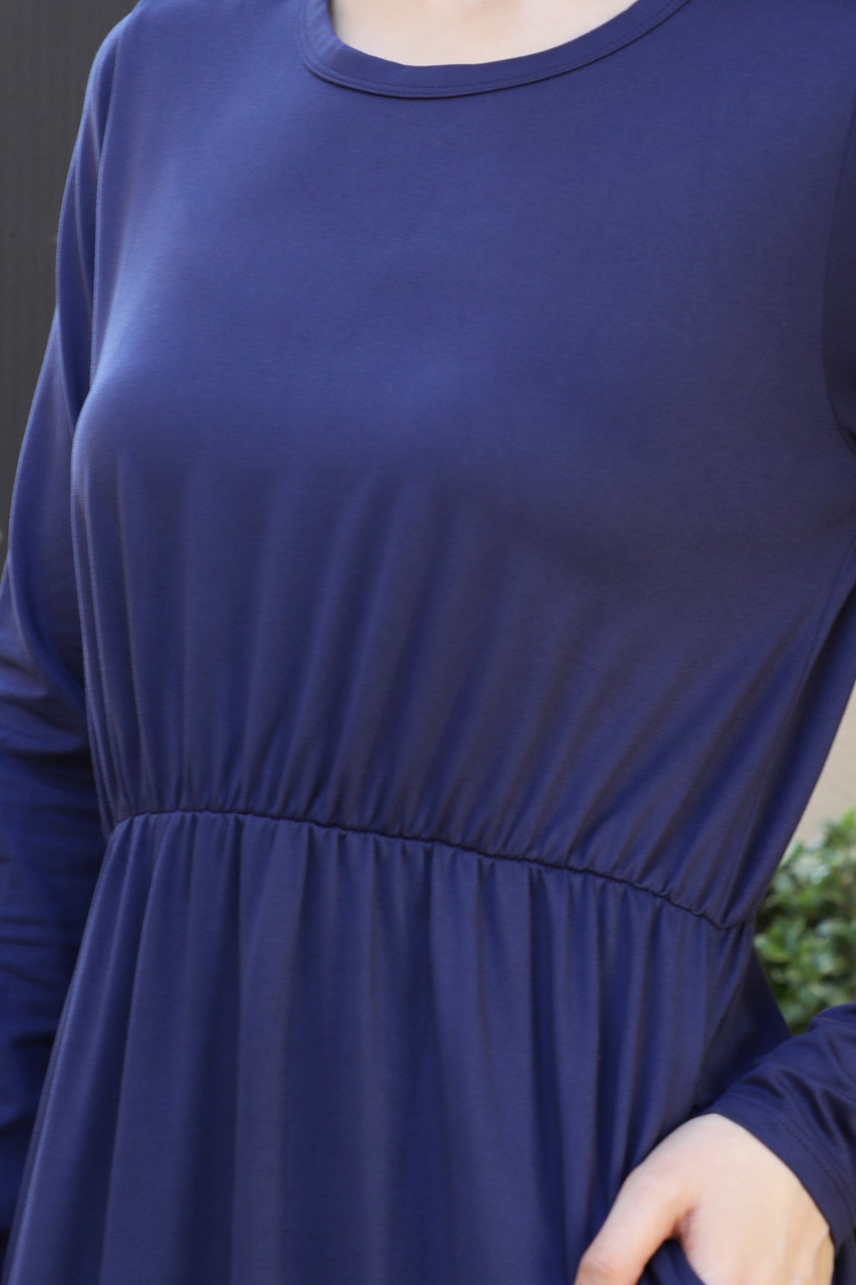 You & Me solid terracotta maxi dress with long sleeves and elastic waist, stylish and comfortable for everyday wear.