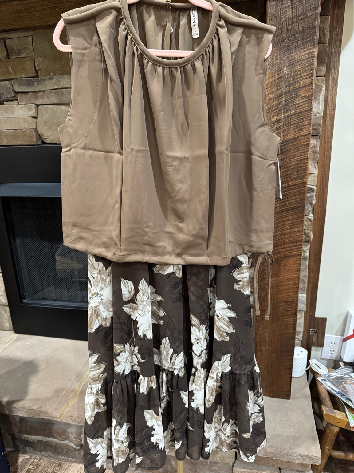 Zenana mocha adjustable tie hem sleeveless top front with floral maxi skirt