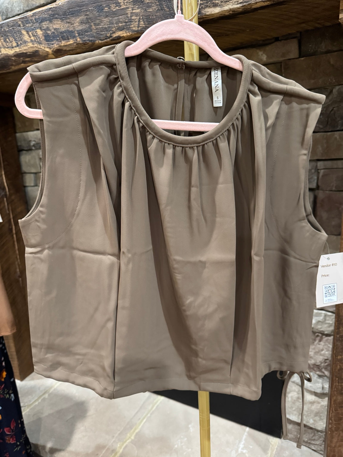 Zenana mocha adjustable tie hem sleeveless top front