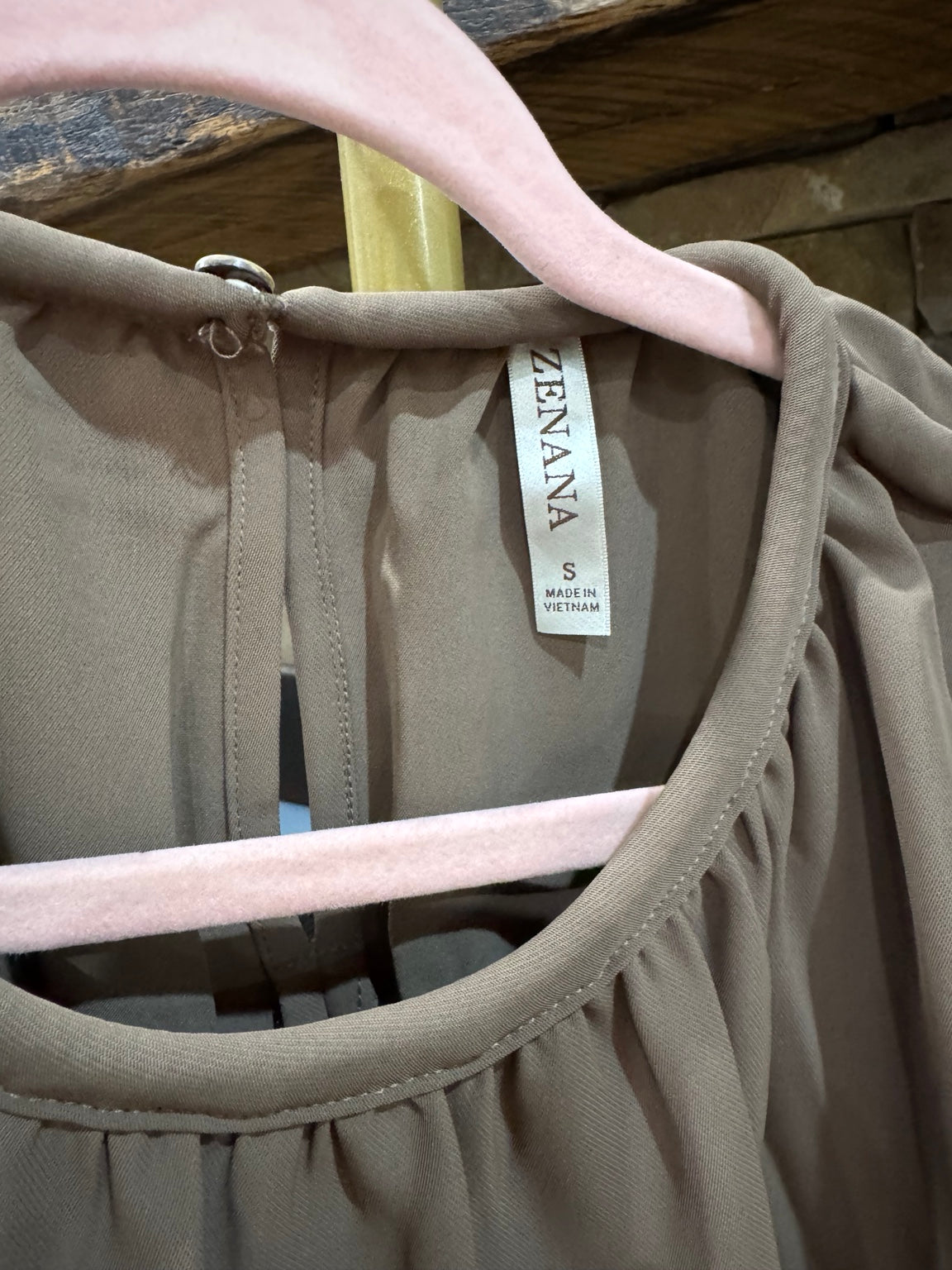 Zenana mocha top brand label and gathered neckline