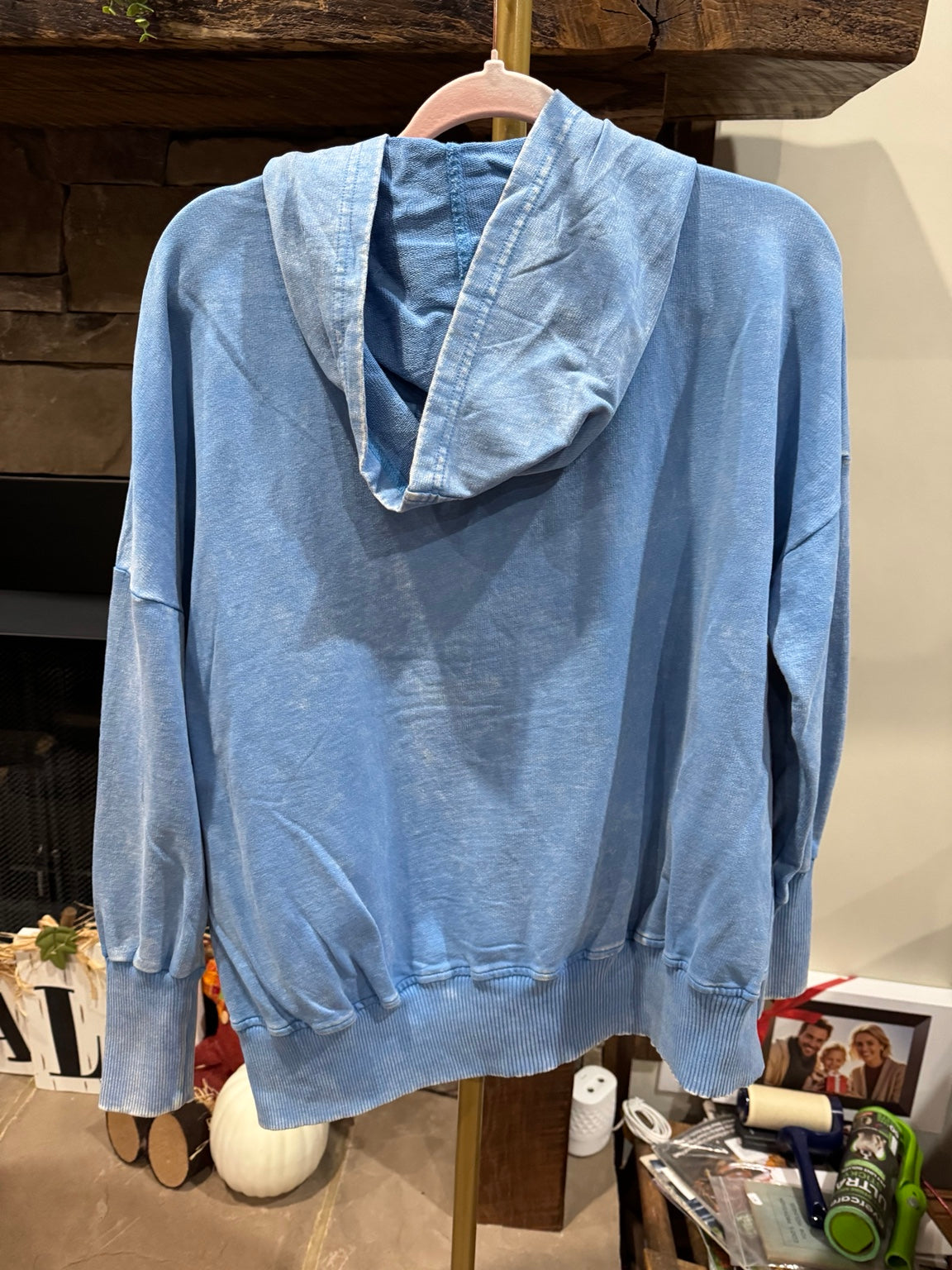 Back view of blue Zenana mineral wash hoodie
