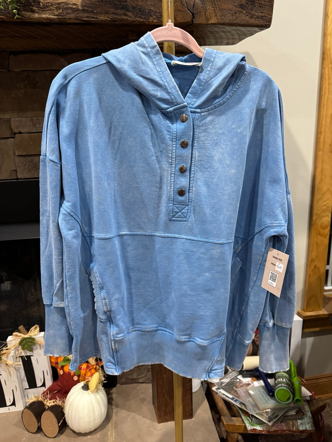 Zenana blue mineral wash snap Henley hoodie front view