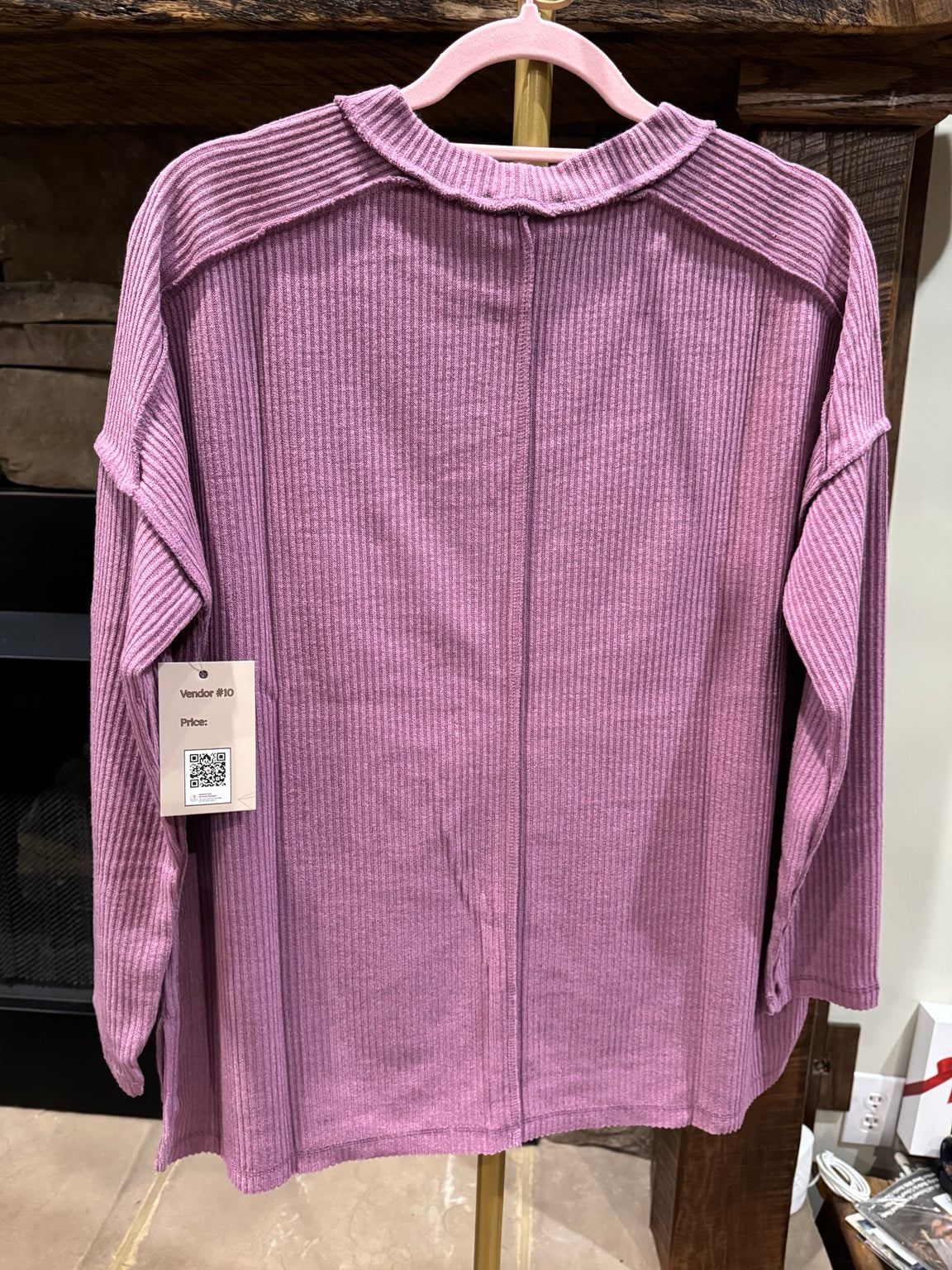 Zenana Easy Days exposed-seam ribbed top in dusty mauve, back view