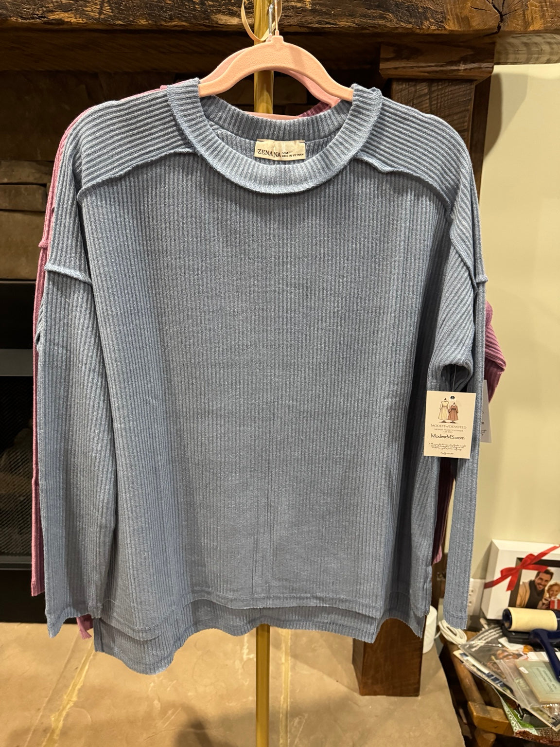 Zenana Easy Days exposed-seam ribbed top in muted blue, front view