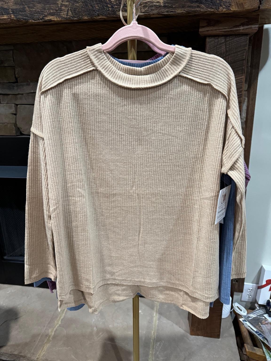 Zenana Easy Days exposed-seam ribbed top in oatmeal, front view
