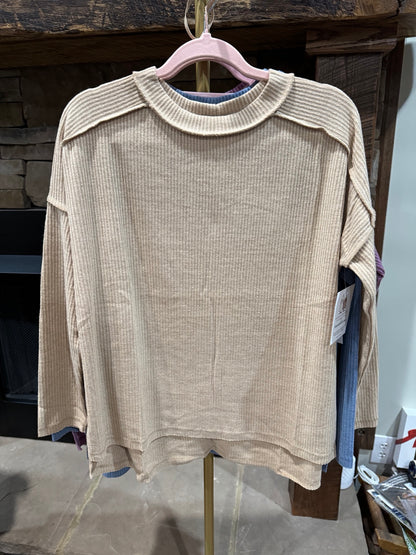 Zenana Easy Days exposed-seam ribbed top in oatmeal, front view