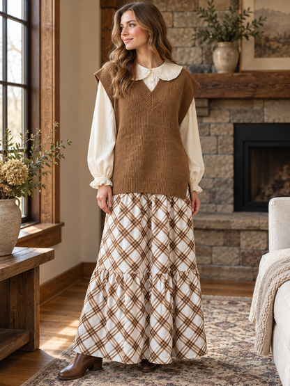 Woman wearing Zenana heathered brown V-neck sweater vest over a cream collared blouse with a plaid maxi skirt