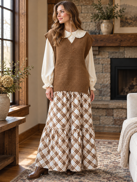 Woman wearing Zenana heathered brown V-neck sweater vest over a cream collared blouse with a plaid maxi skirt