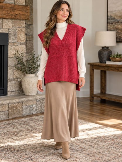 Woman wearing Zenana heathered red oversized V-neck sweater vest over a cream long-sleeve top and maxi skirt