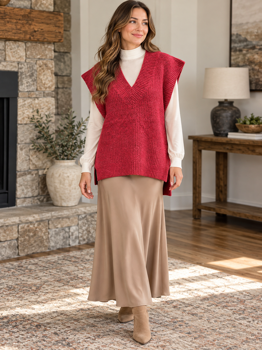 Woman wearing Zenana heathered red oversized V-neck sweater vest over a cream long-sleeve top and maxi skirt