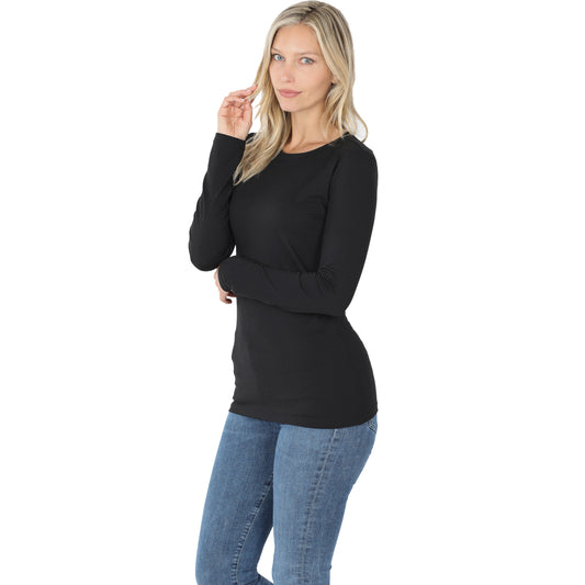 Black Zenana brushed microfiber long sleeve round neck tee, layering shirt with a comfortable fit and soft fabric.