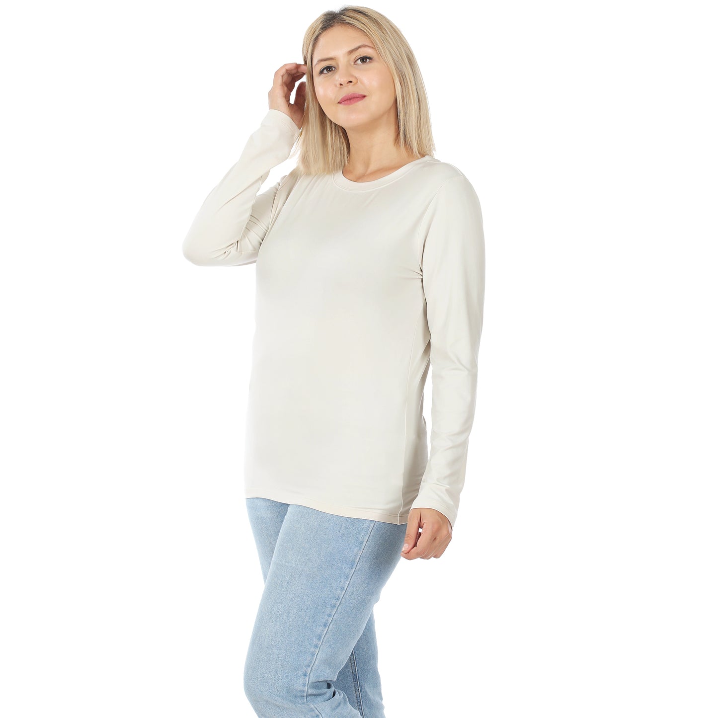 Zenana brushed microfiber long sleeve layering shirt in bone white with round neck, perfect for casual or layered outfits.