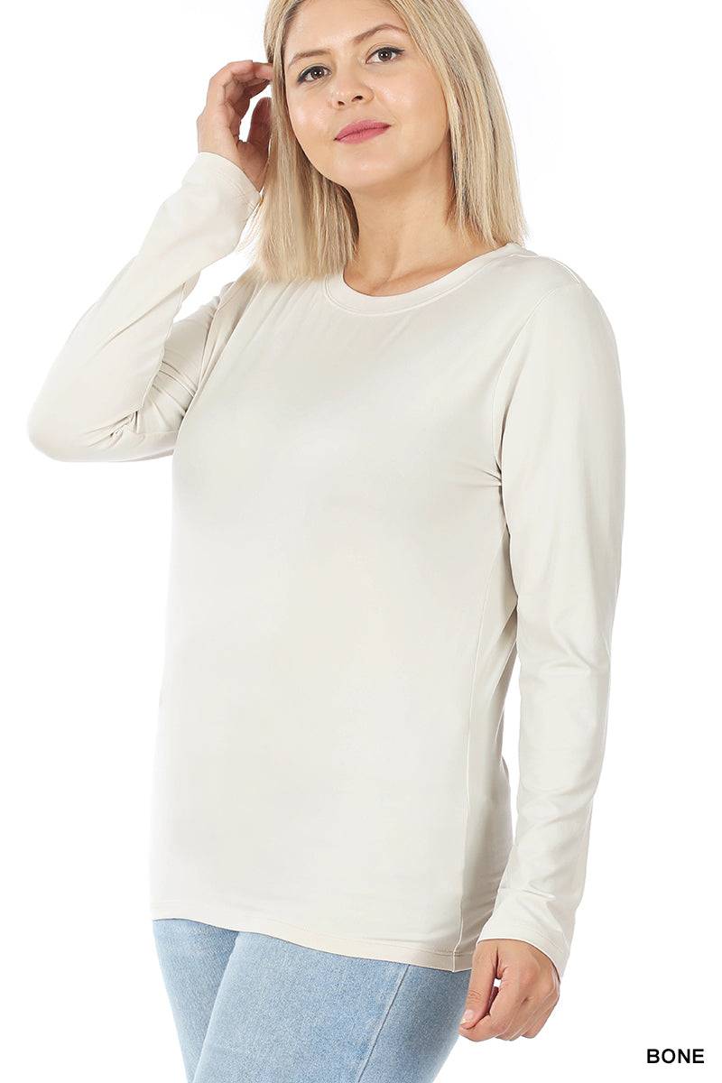 Zenana 2053 brushed microfiber long sleeve round neck tee in Bone White, a soft layering shirt with a classic fit.