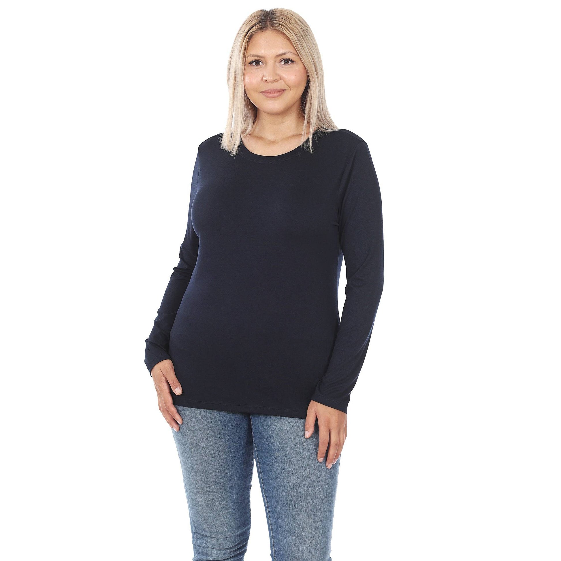 Light navy Zenana brushed microfiber long sleeve round neck tee, layering shirt with a comfortable fit and soft fabric.