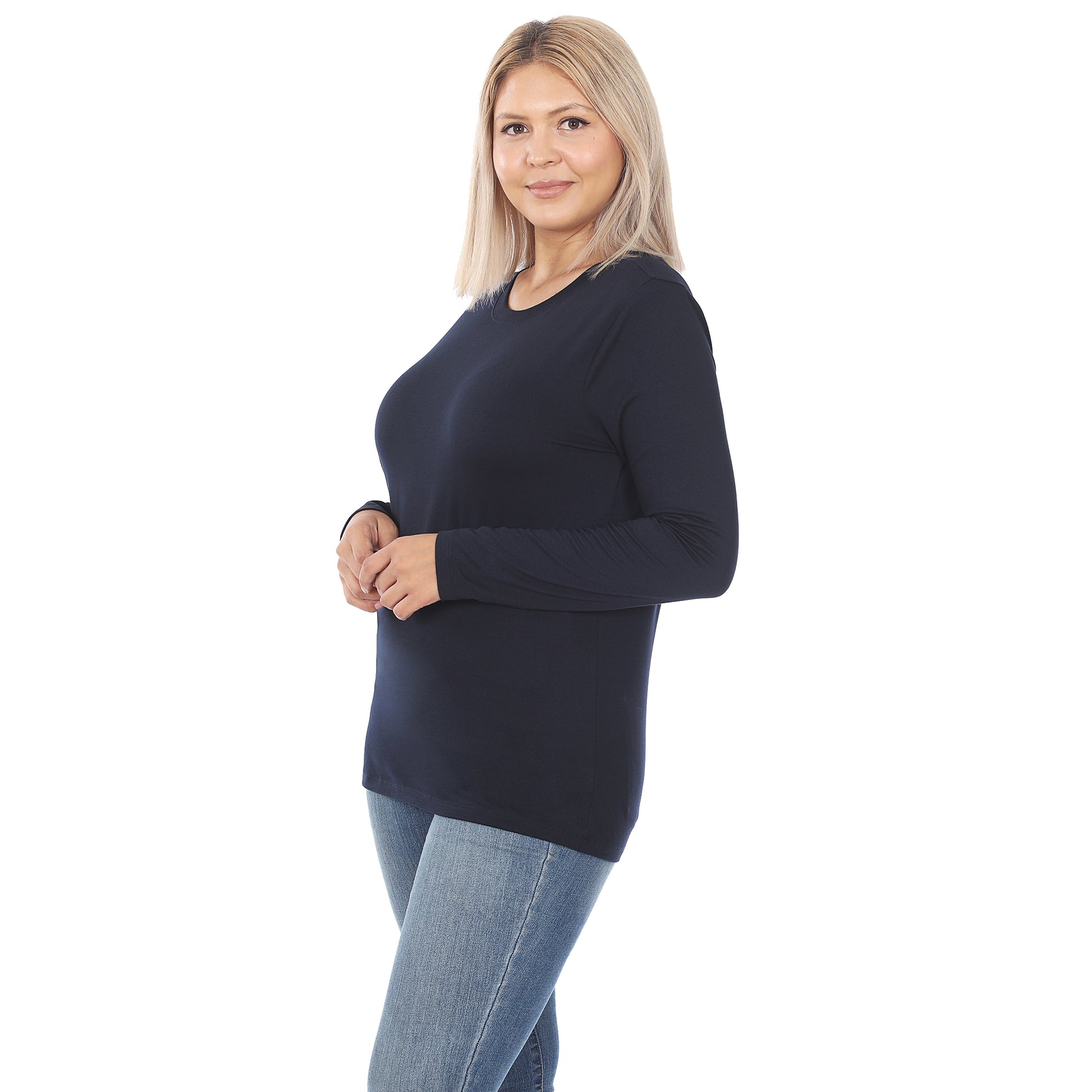 Light navy Zenana brushed microfiber long sleeve layering shirt with round neck, perfect for casual layering and comfort.