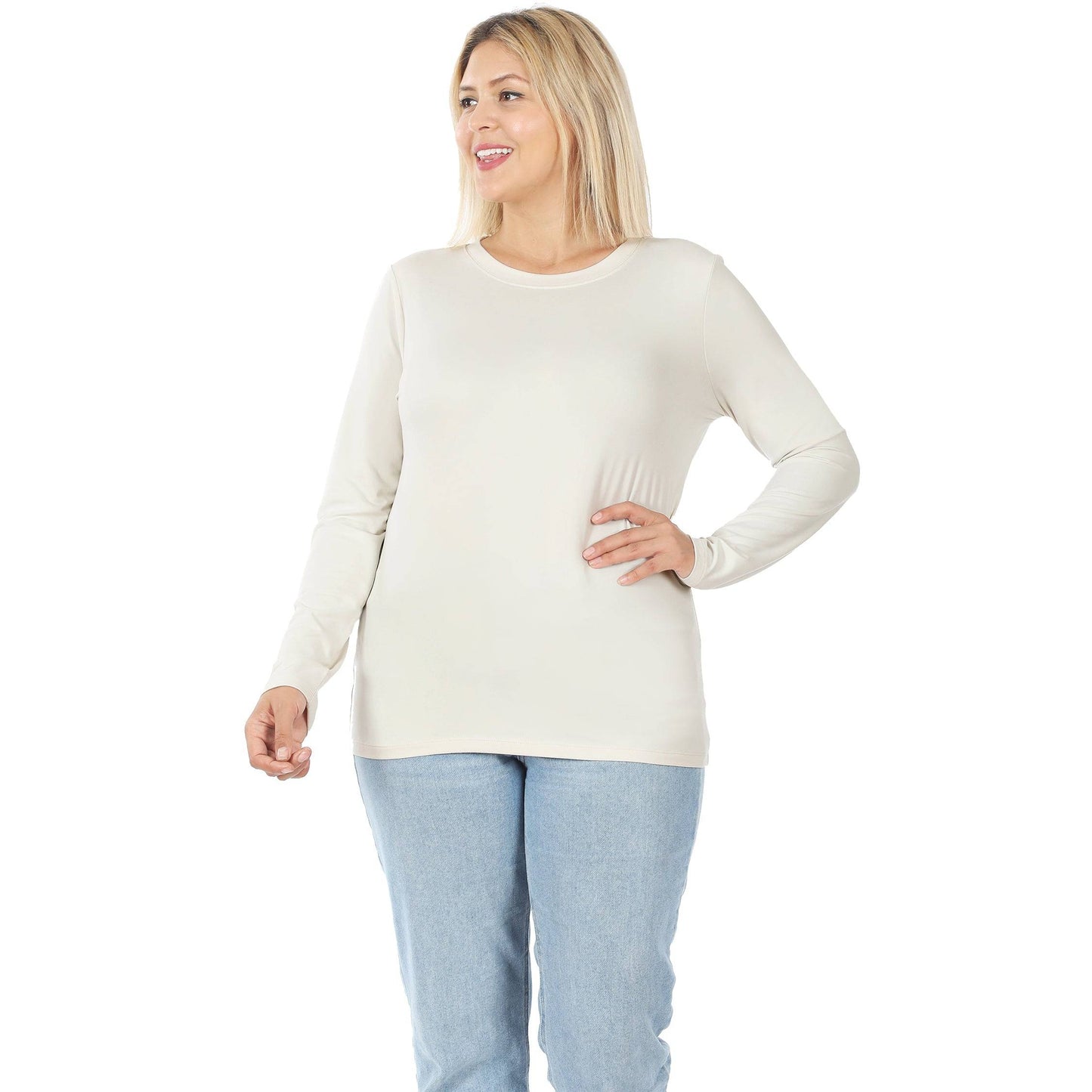 Zenana 2053 Plus brushed microfiber long sleeve round neck tee shirt in bone white, layering top with soft, comfortable fabric.