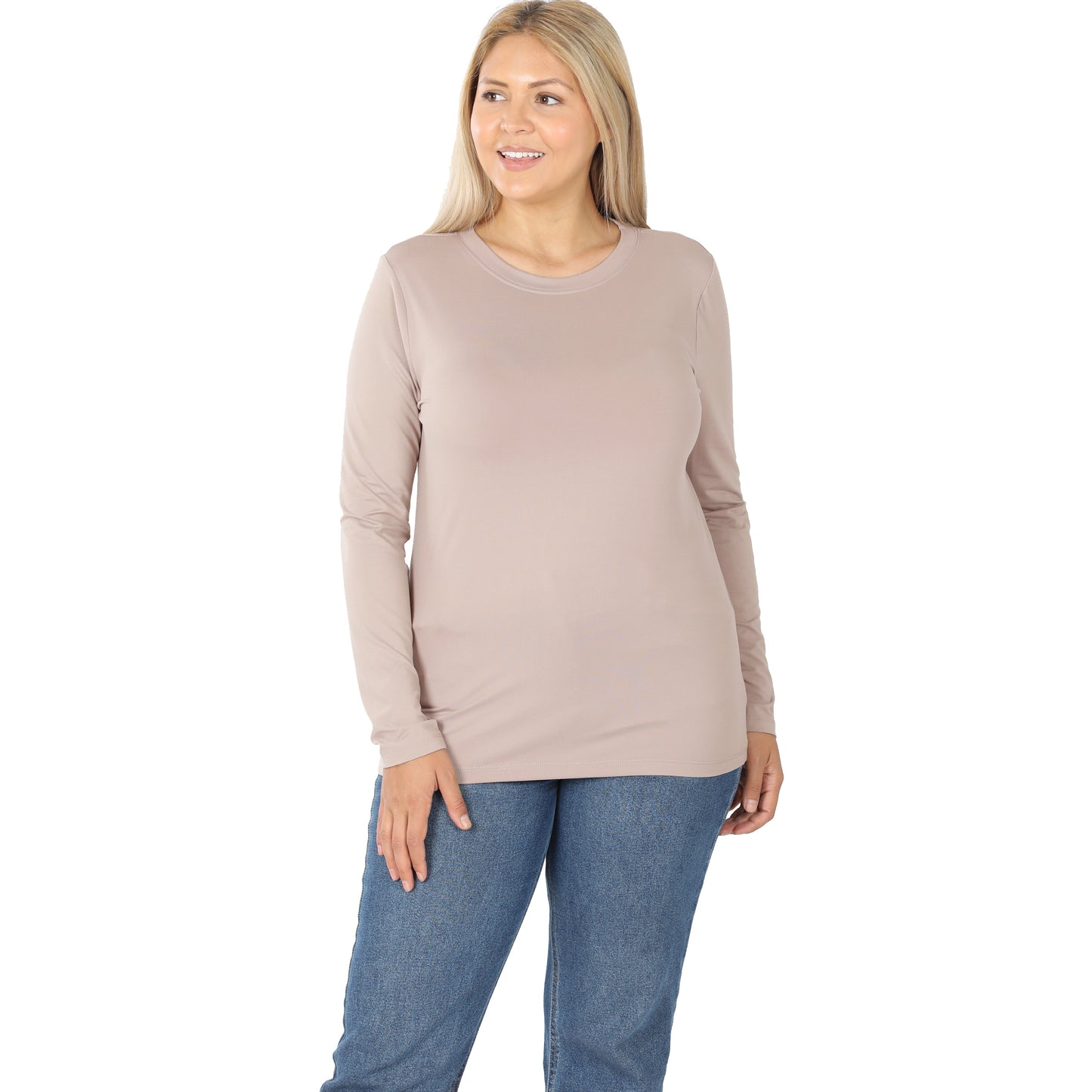 Ash Mocha Zenana long sleeve layering shirt with brushed microfiber fabric, round neck, and casual fit.