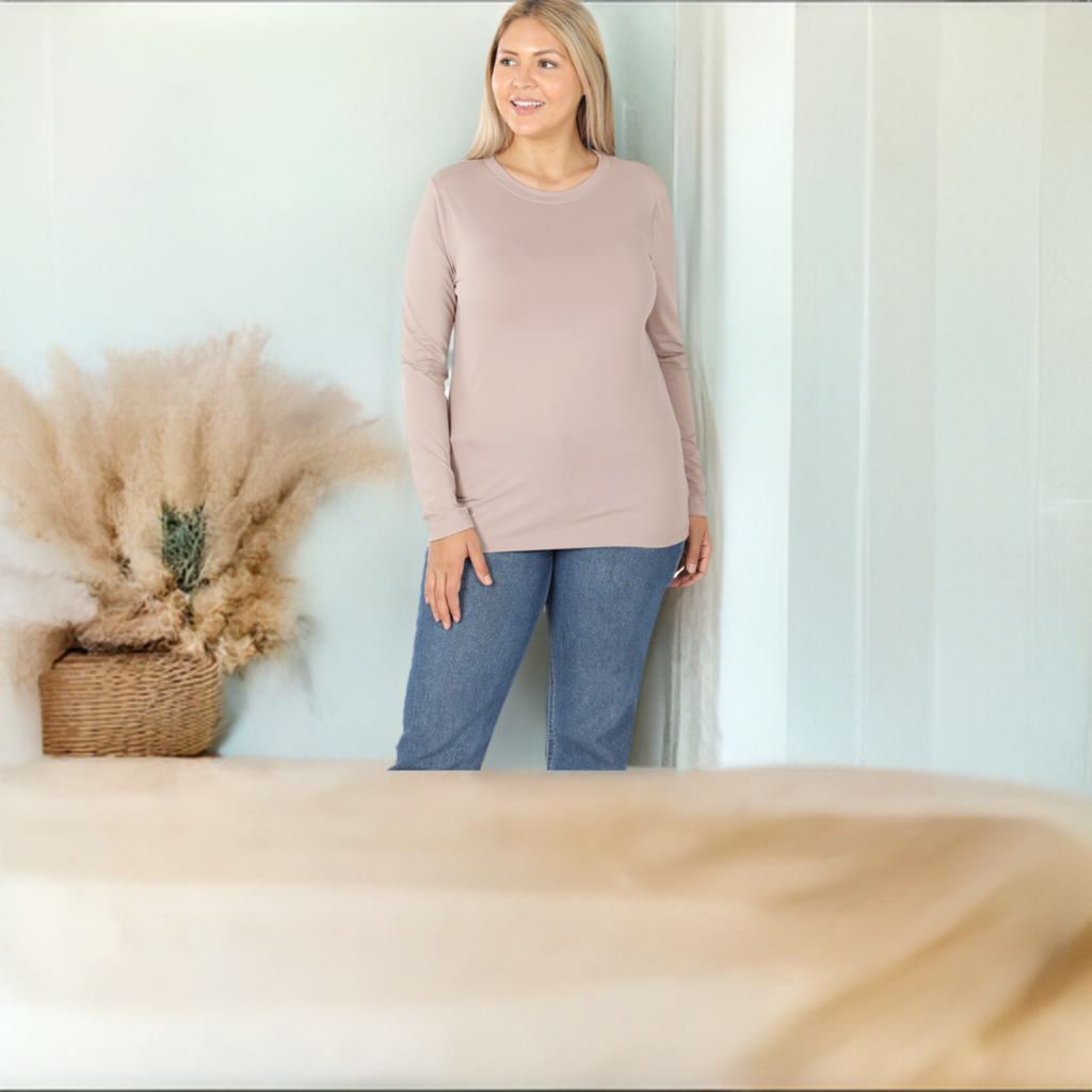 Ash Mocha Zenana long sleeve layering shirt with brushed microfiber fabric and round neck, perfect for casual layered outfits.