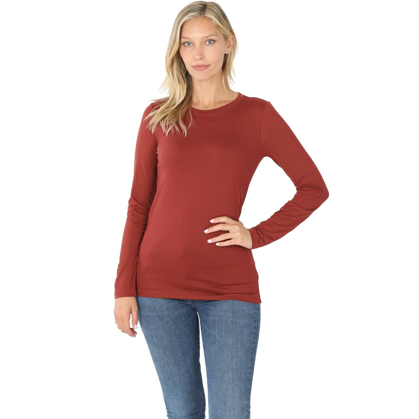 Zenana brick-colored brushed microfiber long sleeve layering shirt with round neck, perfect for casual wear.