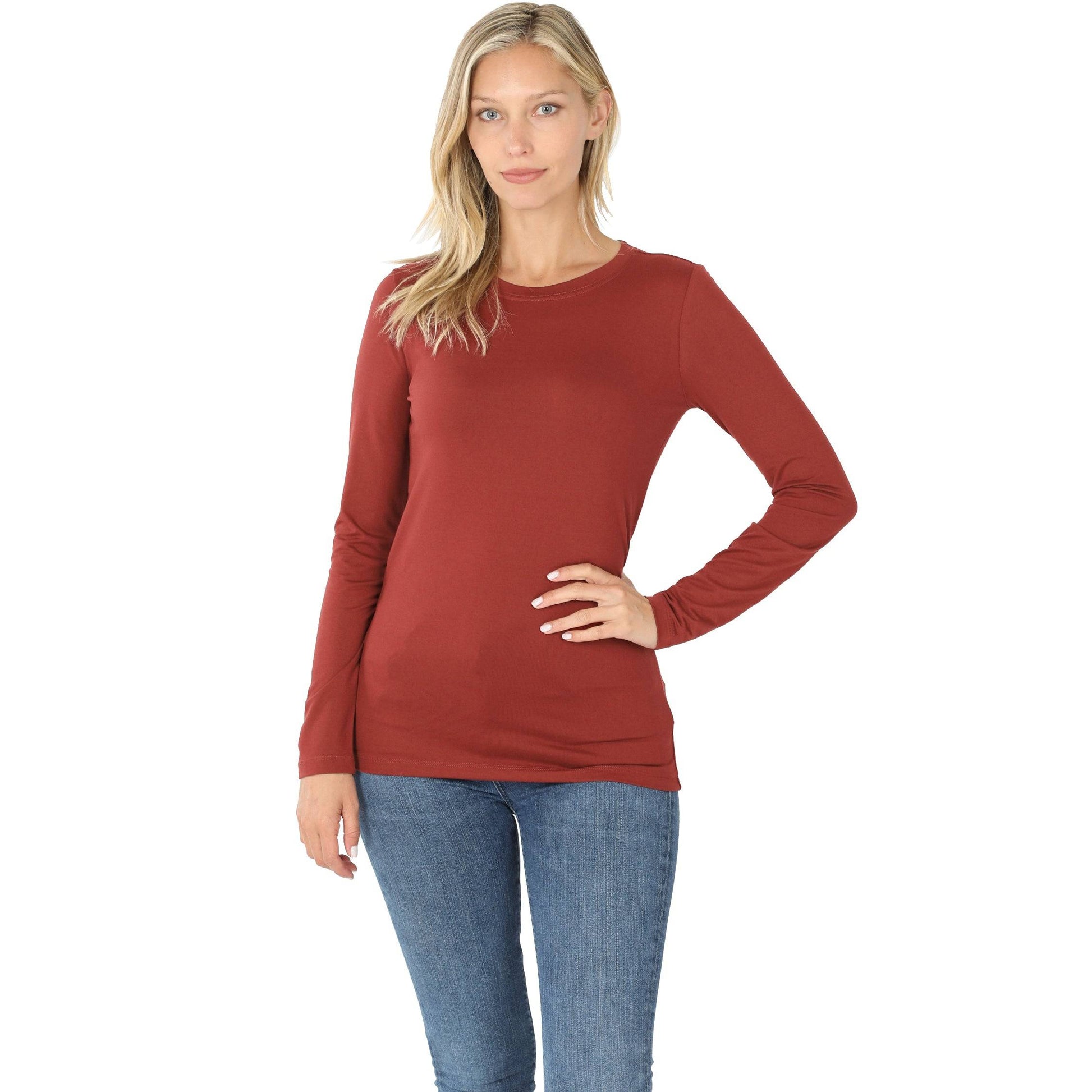 Zenana brick-colored brushed microfiber long sleeve layering shirt with round neck, perfect for casual wear.