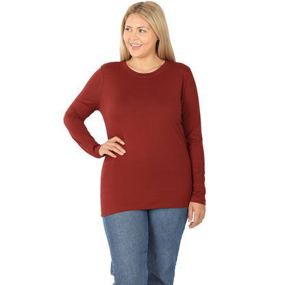Zenana brushed microfiber long sleeve layering shirt in brick, round neck, soft and comfortable for casual wear.