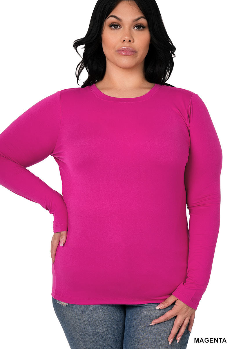 Magenta long sleeve layering tee shirt by Zenana with round neckline, casual style, perfect for layering or everyday wear.