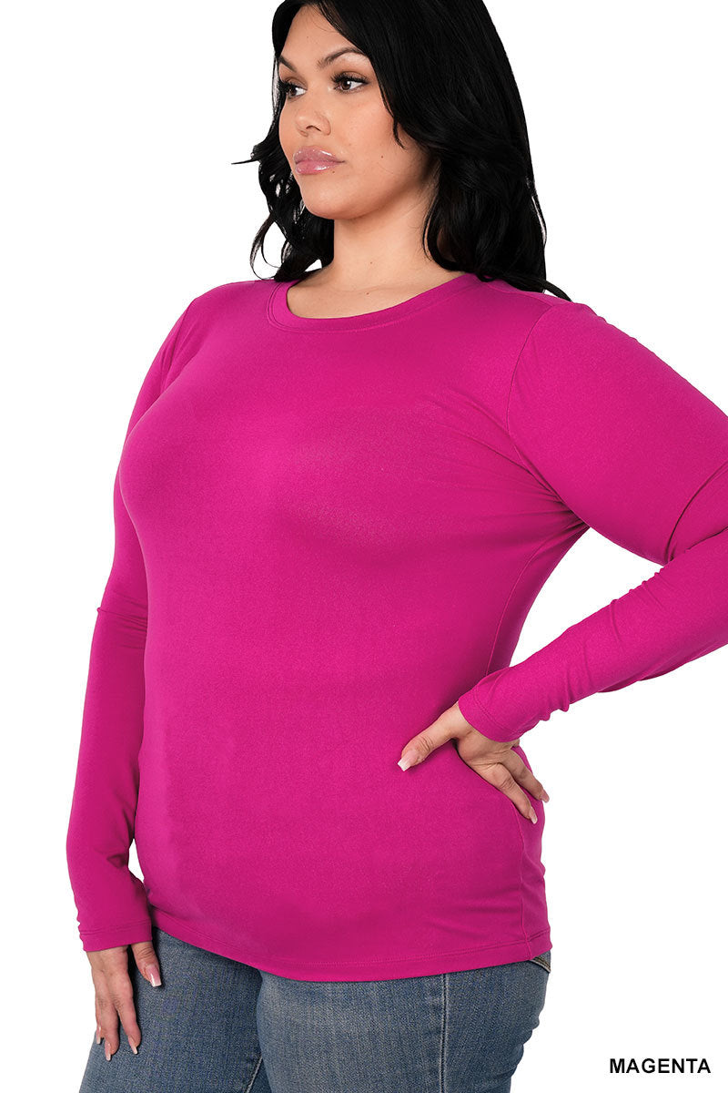 Magenta long sleeve round neck layering tee shirt by Zenana, soft knit fabric, close-up of the shirt's neckline and fabric texture.
