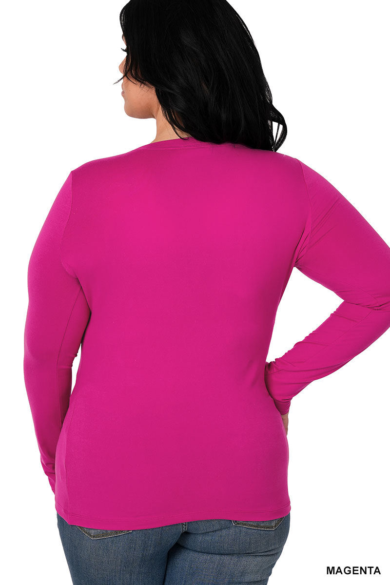 Magenta long sleeve layering tee shirt by Zenana with round neckline, perfect for casual wear and layering.