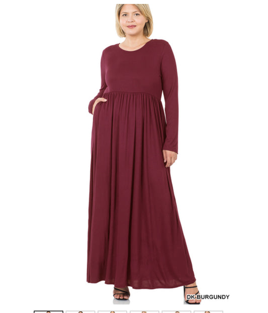 Zenana plus size viscose maxi dress with long sleeves and round neckline, stylish and comfortable for casual wear.