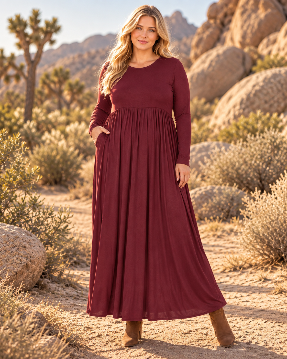 Zenana plus viscose long sleeve round neck maxi dress in a flowing fabric with a relaxed fit and ankle-length design.