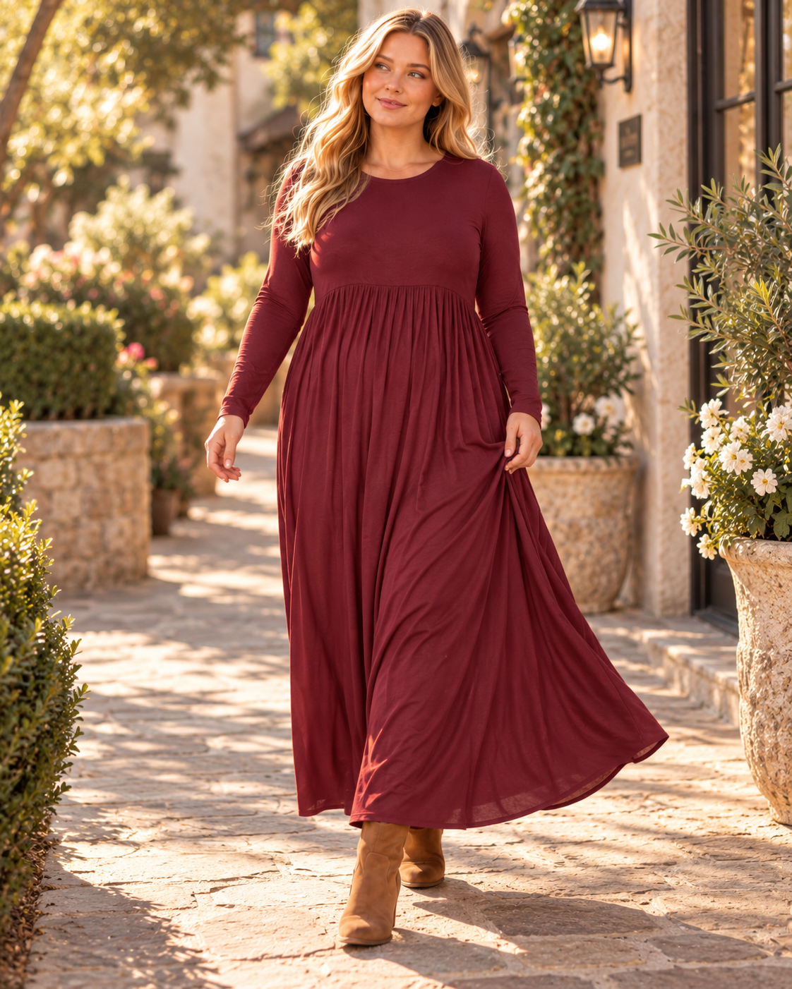 Zenana plus size viscose long sleeve round neck maxi dress, flowing fabric, full-length, with a relaxed fit and subtle drape.