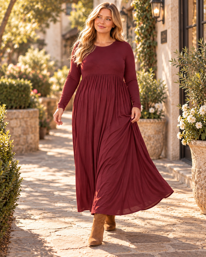 Zenana plus size viscose long sleeve round neck maxi dress, flowing fabric, full-length, with a relaxed fit and subtle drape.