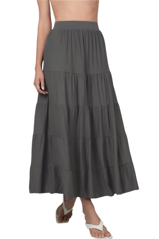 Black Zenana maxi skirt with elastic waist and tiered ruffle design, perfect for casual and stylish outfits.