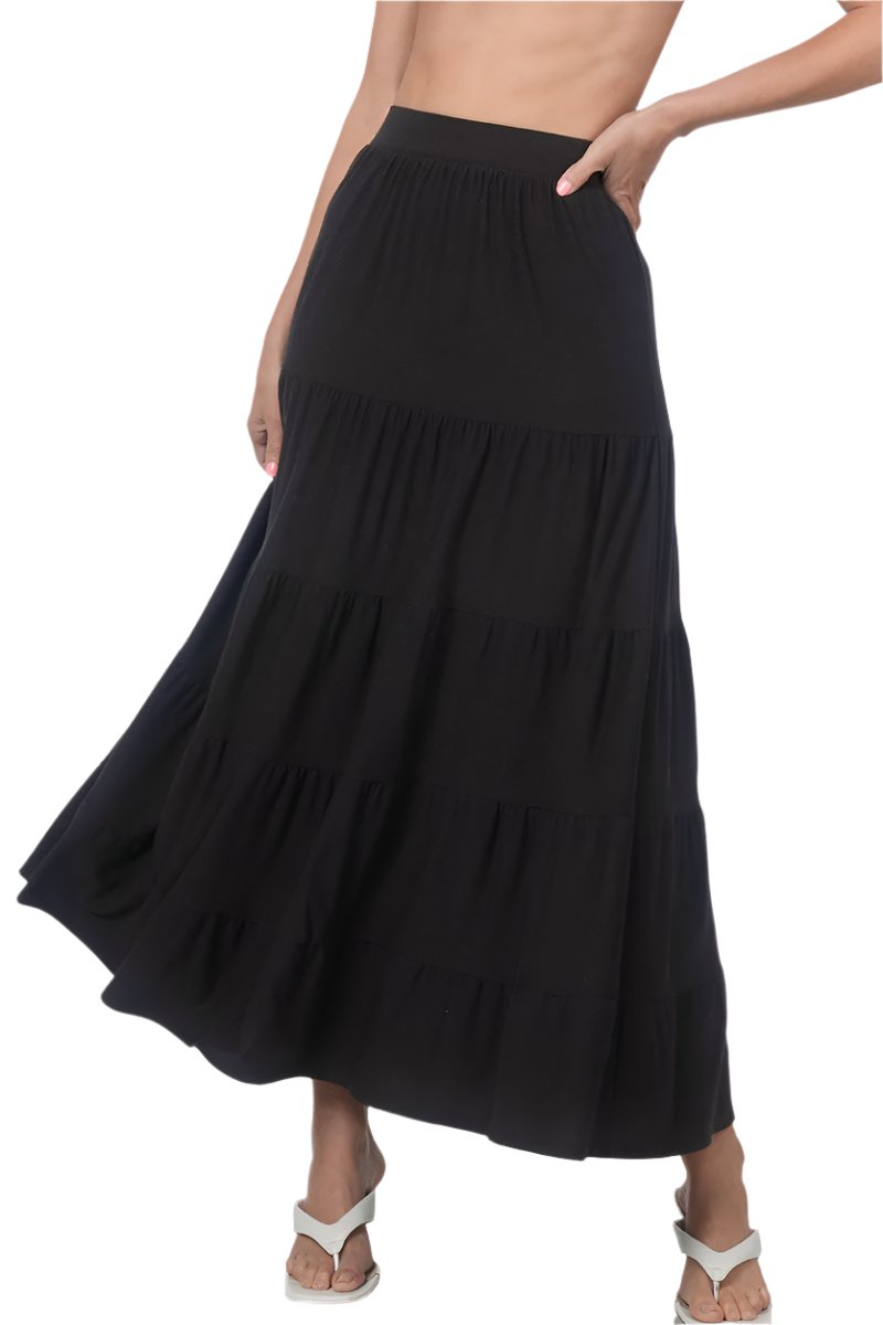 Black Zenana elastic waist tiered ruffle maxi skirt, small size, flowing design with layered ruffles for a stylish look.