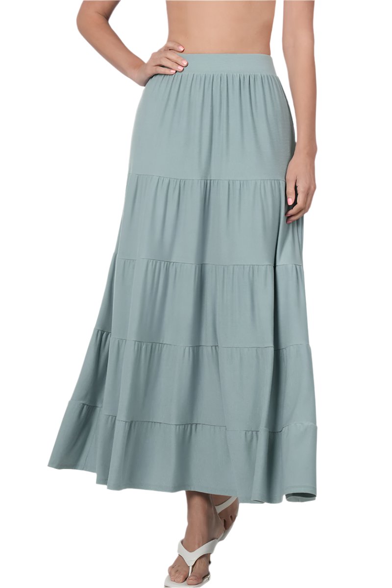 Black Zenana maxi skirt with elastic waist and tiered ruffle design, shown in a small size.