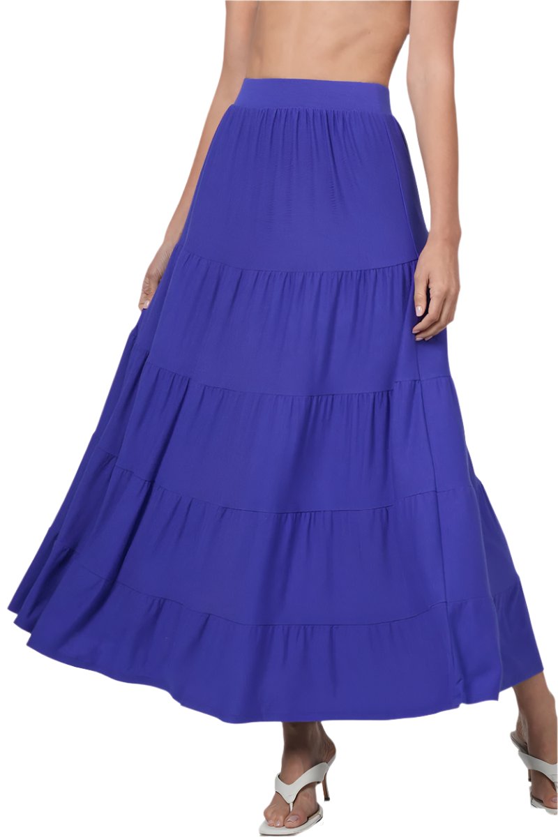 Black Zenana maxi skirt with elastic waist and tiered ruffle design, perfect for casual or dressy occasions.